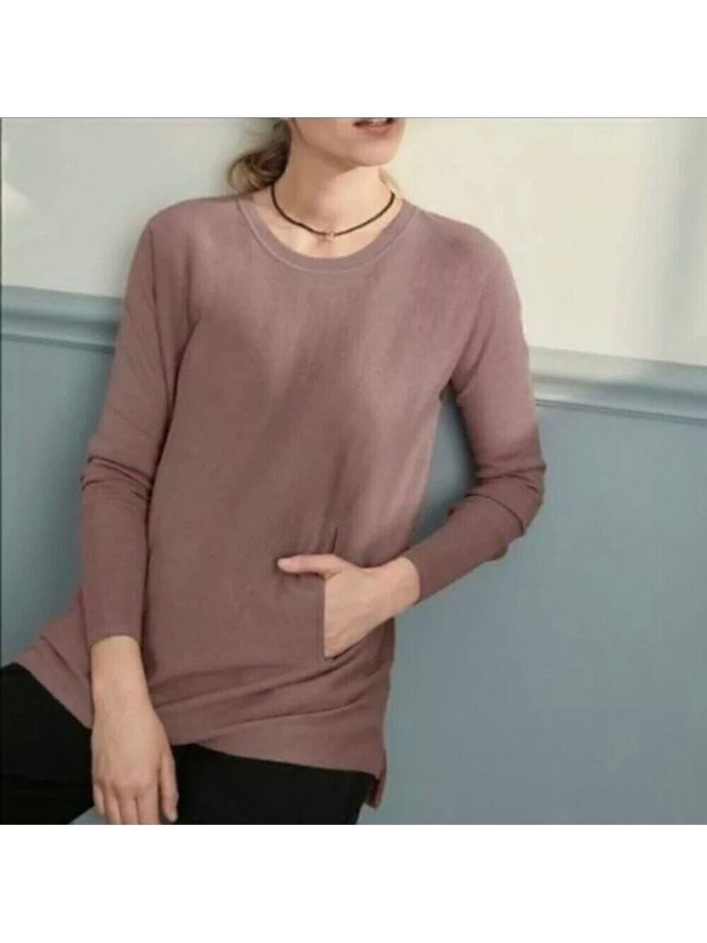 𝅺Garnet Hill Mauve Pocket Sweater Tunic Length Long Sleeved Lightweight Top